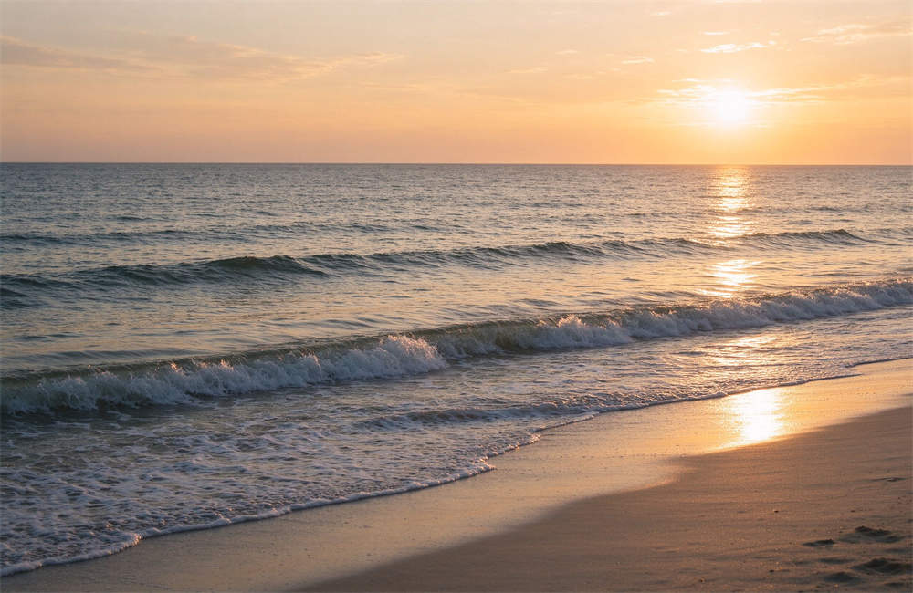 Calm peaceful ocean at sunrise with gentle waves on the beach, coastal recovery after tsunami warning, beach safety supplies in place. Calm peaceful ocean at sunrise with gentle waves on the beach, coastal recovery after tsunami warning, beach safety supplies in place.