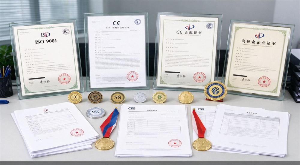 Display of enterprise qualification certificates and medals including ISO 9001 and CE certification, framed documents and printed certification papers neatly arranged on clean white tabletop Display of enterprise qualification certificates and medals including ISO 9001 and CE certification, framed documents and printed certification papers neatly arranged on clean white tabletop