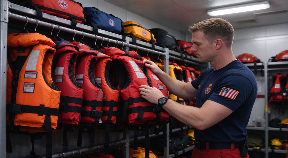 Rescue staff inspect high visibility red and orange water rescue life vests hung neatly on metal storage racks inside equipment room, the vests fitted with reflective panels and adjustable fastening straps