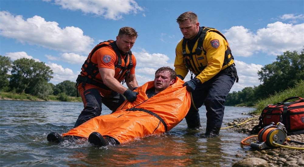 Two water rescuers help a victim wrapped in bright orange rescue bag in shallow river water during rescue operation