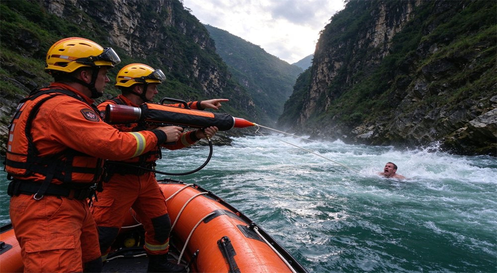 wo rescuers on inflatable boat operate line thrower to launch rescue rope toward survivor in rapid mountain river