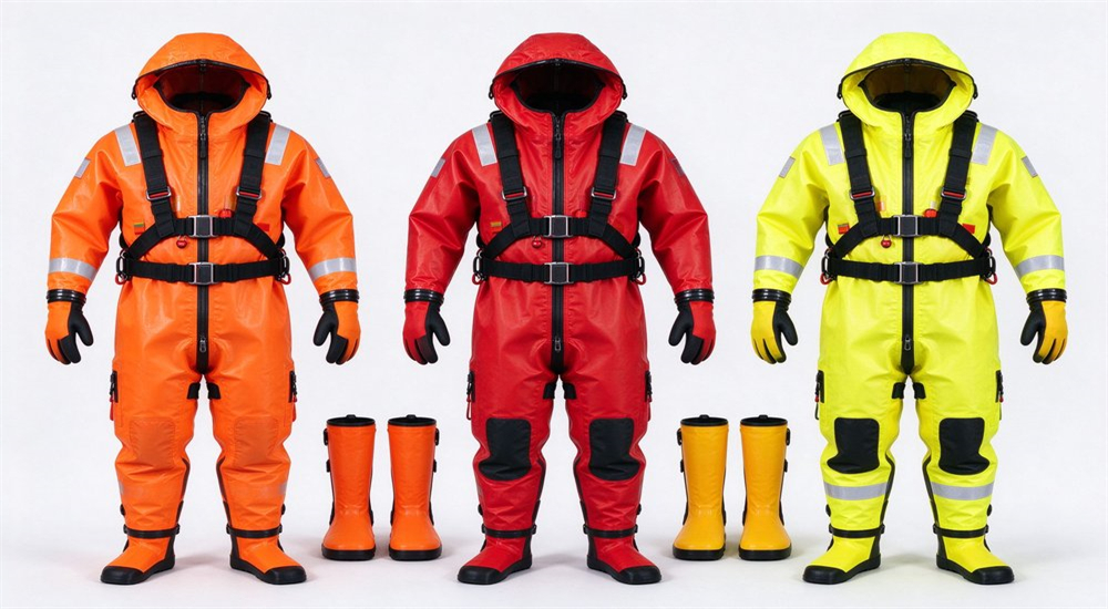Three dry rescue suits in orange red and yellow displayed on clean white studio background.