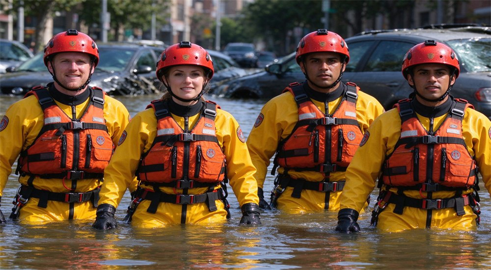 Four rescue team members in floodwater, equipped with orange life vests and red safety helmets