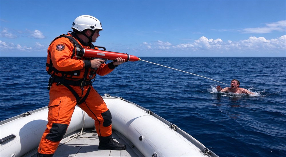 Professional korean style rescue thrower pneumatic rescue thrower water rescue equipment application scenario, emergency rescue field operation, long-distance lifesaving device for professional responders