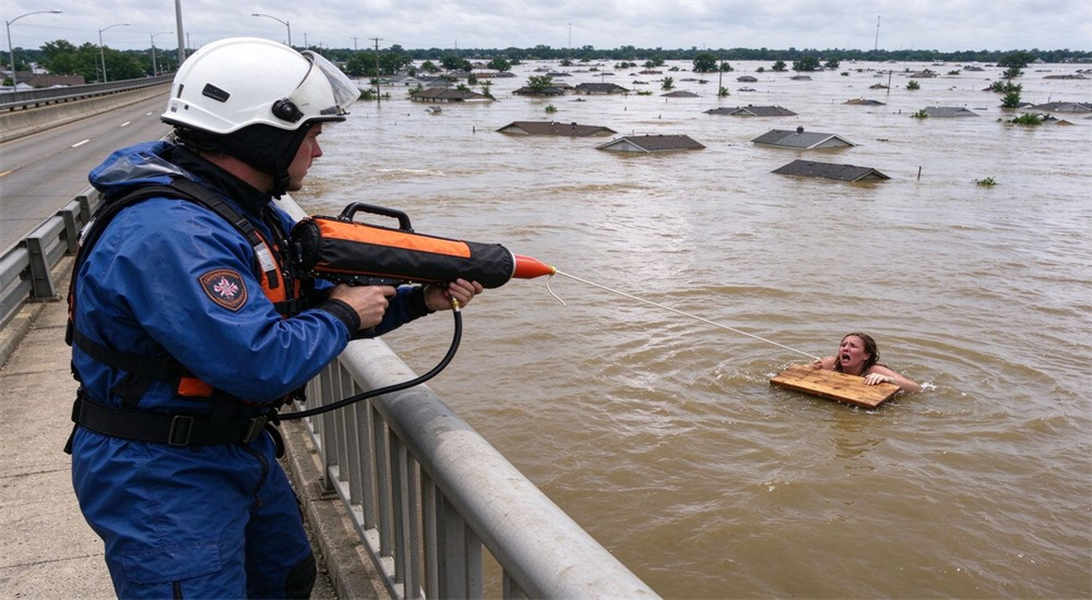 Professional korean style rescue thrower pneumatic rescue thrower urban flood rescue operation in deep water submerged area, rescuer deploying water rescue equipment for long-distance emergency lifesaving