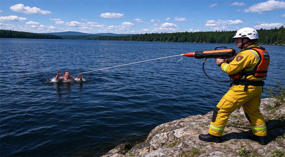Professional korean style rescue thrower pneumatic rescue thrower three-person coordinated rescue team operation, crew deploying water rescue equipment during flood disaster emergency response field operation