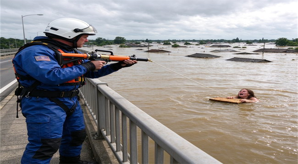 Professional korean style rescue thrower pneumatic rescue thrower flash flood rescue scene, rescuer deploying water rescue equipment to victim trapped during flood disaster, emergency lifesaving equipment for first responders