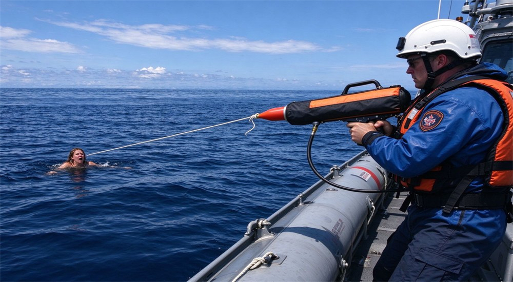Professional korean style rescue thrower pneumatic rescue thrower port harbor maritime rescue operation from concrete dock, firefighter deploying water rescue equipment to victim in distress on water, emergency lifesaving