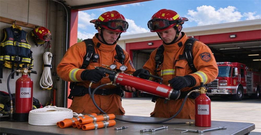 Two firefighters in orange turnout gear and red helmets inspect and test pneumatic line throwing rescue device on workbench inside fire station, complete with air cylinders, rescue rope and floating projectors
