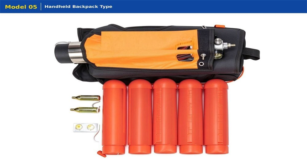 Professional korean style rescue thrower pneumatic rescue thrower riverbank whitewater swiftwater rescue operation, rescuer deploying water rescue equipment to victim trapped in fast flowing river