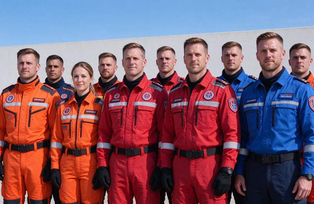 High-angle view of rescue team in identity uniforms with patches for emergency rescue clothing team recognition and orange with reflective trim rescue uniform unit coordination for emergency rescue clothing buyers