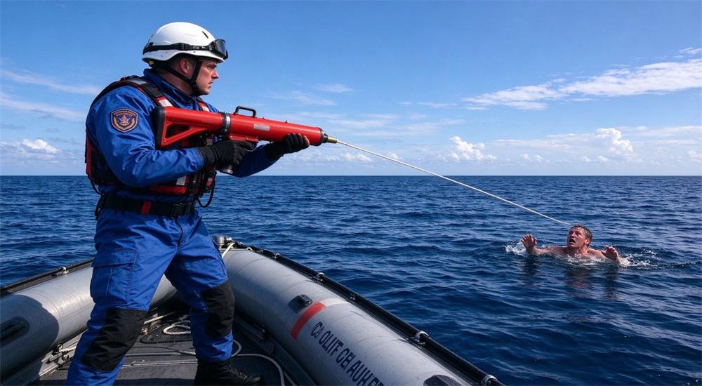 Professional american style anchor hook rescue thrower pneumatic rescue thrower water rescue equipment application scenario, emergency rescue field operation, long-distance lifesaving device for professional responders Professional american style anchor hook rescue thrower pneumatic rescue thrower water rescue equipment application scenario, emergency rescue field operation, long-distance lifesaving device for professional responders