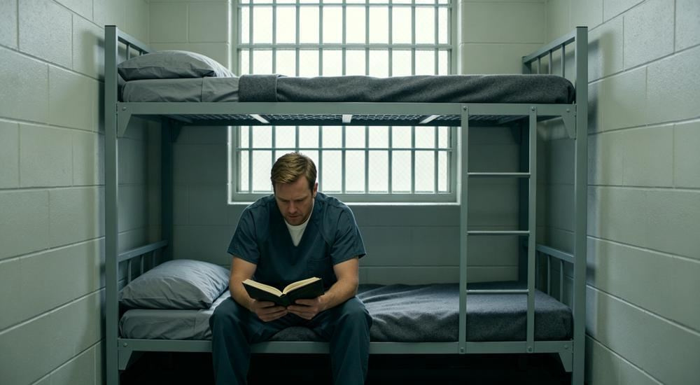Front view of durable correctional facility bedding in navy on a single bunk in a minimum security dormitory, anti-tamper linens for prison and jail institutional bedding wholesale programs for correctional facility bedding wholesale from China, from a correctional facility bedding