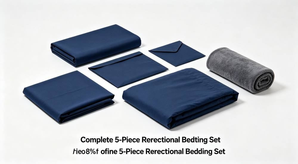 Side angle of complete correctional bedding set in navy laid flat on a neutral background, hook-and-loop duvet cover fitted sheet and pillowcase, prison bedding wholesale product family for correctional facility bedding wholesale from China.