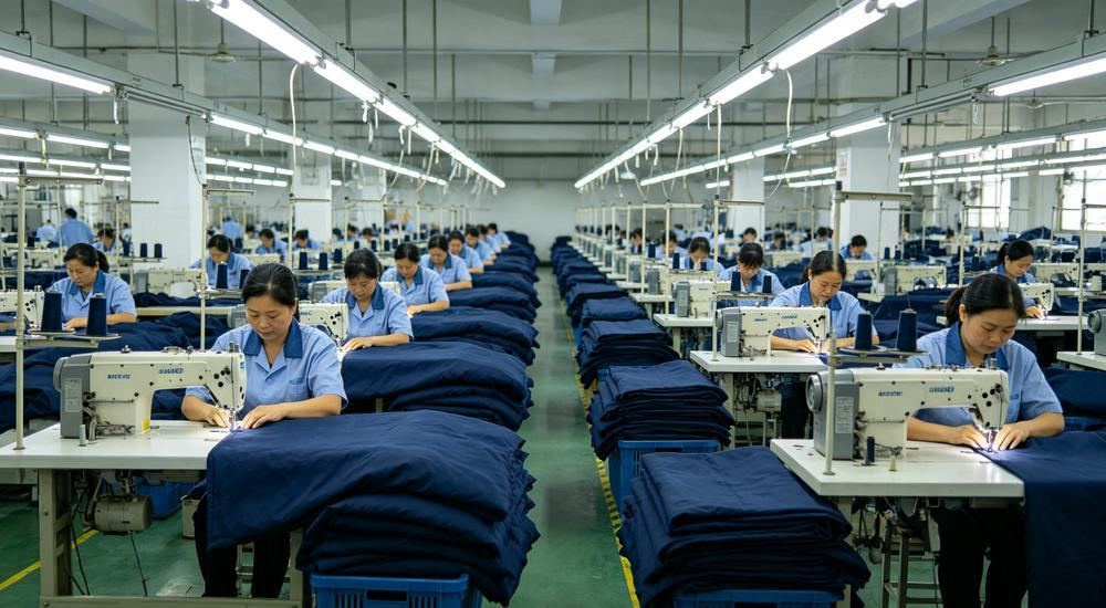 Close-up of chinese workers producing institutional correctional bedding on a factory production floor, bulk navy linens for correctional facility bedding contracts, manufacturer direct for prison and jail institutional bedding programs from a China manufacturer.