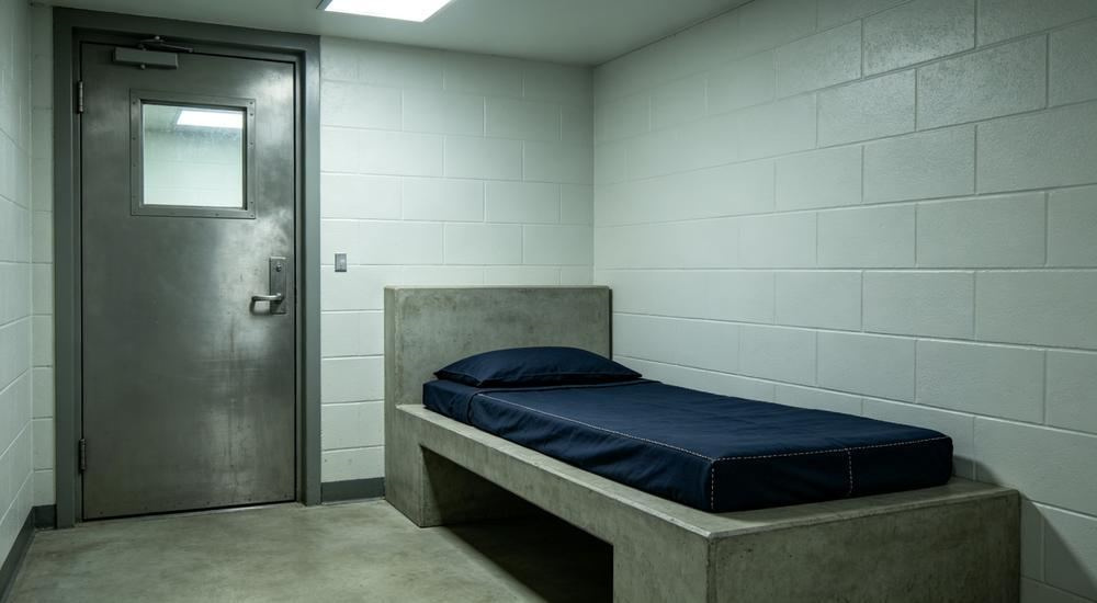 Top-down view of maximum security prison cell with dark navy correctional bedding on a fixed concrete bed, anti-self-harm durable linens for correctional facility dormitory housing for prison and jail institutional bedding programs from a China manufacturer.