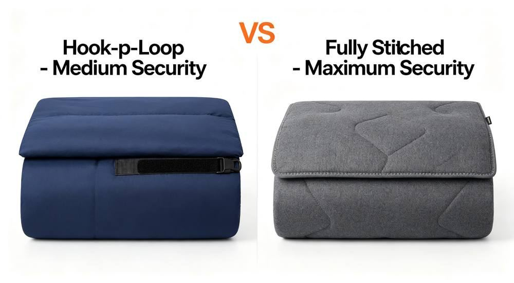 Overhead angle of comparison of correctional bedding closure types showing hook-and-loop versus zipper and button options, security feature guide for prison bedding buyers for prison and jail institutional bedding programs from a China manufacturer.
