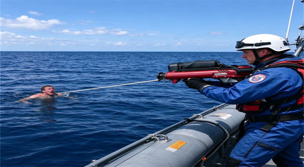 Professional product photo of american style anchor hook rescue thrower pneumatic rescue thrower aluminum flight case open at 45 degree top view, complete water rescue equipment neatly arranged inside protective carrying case, commercial product listing