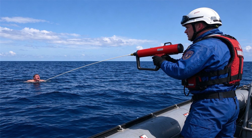 Professional american style anchor hook rescue thrower pneumatic rescue thrower port harbor maritime rescue operation from concrete dock, firefighter deploying water rescue equipment to victim in distress on water, emergency lifesaving