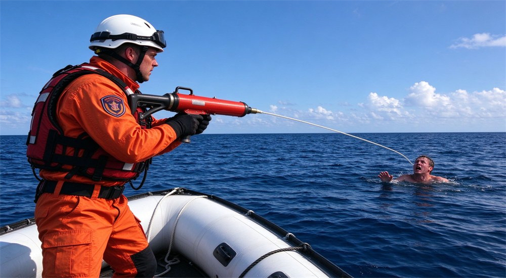 Professional american style anchor hook rescue thrower pneumatic rescue thrower safe operation demonstration, rescuer in protective suit properly firing water rescue equipment following safety protocol and guidelines