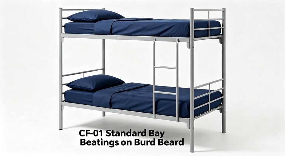Wide-angle view of navy correctional bedding made on a steel bunk bed in an institutional dormitory, anti-tamper fitted sheet for correctional facility bedding programs for prison and jail institutional bedding programs from a China manufacturer, from a correctional facility bedding