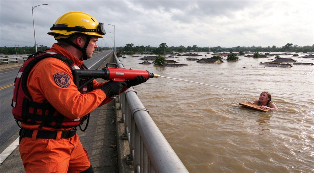 Professional american style anchor hook rescue thrower pneumatic rescue thrower urban flood rescue operation in deep water submerged area, rescuer deploying water rescue equipment for long-distance emergency lifesaving