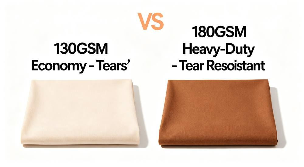 Front angle of fabric GSM comparison for correctional bedding showing heavy duty poly-cotton swatches in charcoal and navy, tear-resistant institutional linen texture detail for prison bedding wholesale selection and correctional facility procurement guide