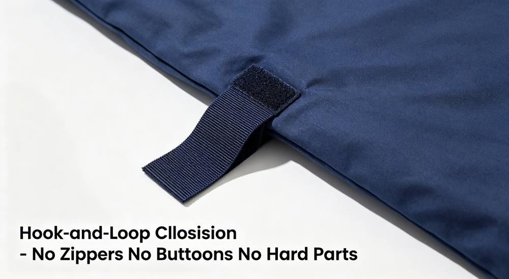 Close up of hook and loop closure on navy correctional bedding duvet cover, anti-tamper security feature without exposed zippers or buttons for prison facility bedding programs for correctional facility bedding wholesale from China.