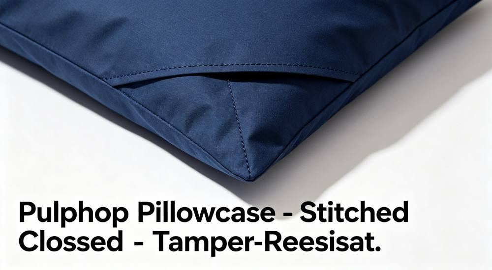 Envelope closure pillowcase closeup in navy correctional bedding, no exposed zippers or buttons for inmate safety, anti-tamper institutional pillowcase detail for prison bedding wholesale programs and secure correctional facility dormitories