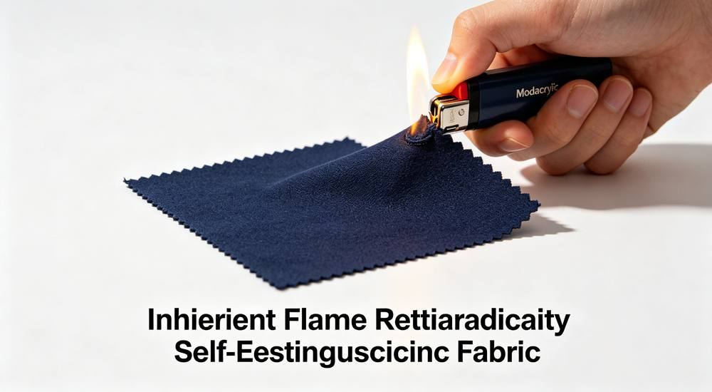 Side view of flame retardant fire safety test detail on navy correctional bedding fabric, compliance for prison and jail institutional linens and secure dormitory bedding programs for correctional facility bedding wholesale from China, from a correctional facility bedding supplier.