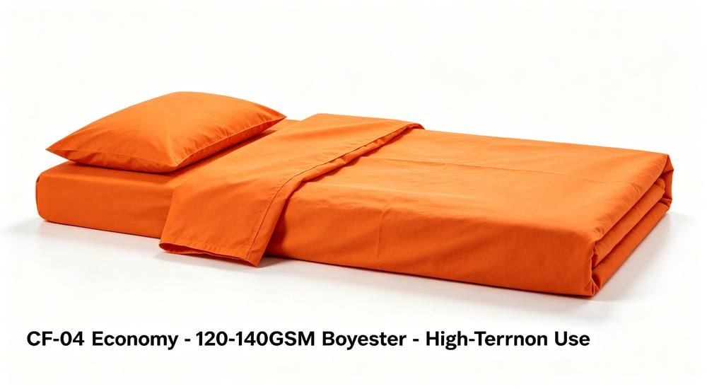 Front view of bright orange correctional bedding spread on a prison cell bed, high visibility anti-tamper linens for institutional and correctional facility dormitory bedding wholesale programs for correctional facility bedding wholesale from China.