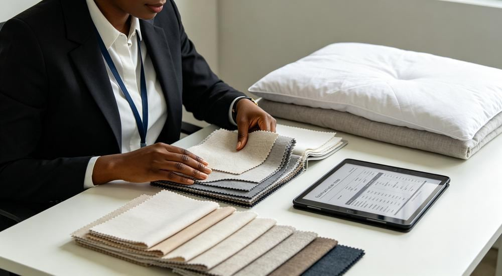 Side angle of correctional procurement officer reviewing fabric swatches at a bright office desk, prison bedding wholesale sourcing and institutional contract planning scene with sample linens for correctional facility bedding wholesale from China.