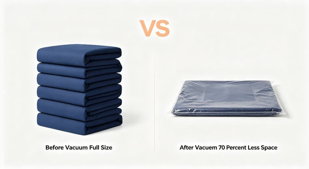 Close-up of vacuum compression packing comparison for correctional bedding showing compressed bulk volume, logistics efficiency for prison bedding wholesale and institutional container shipping for prison and jail institutional bedding programs from a China manufacturer.
