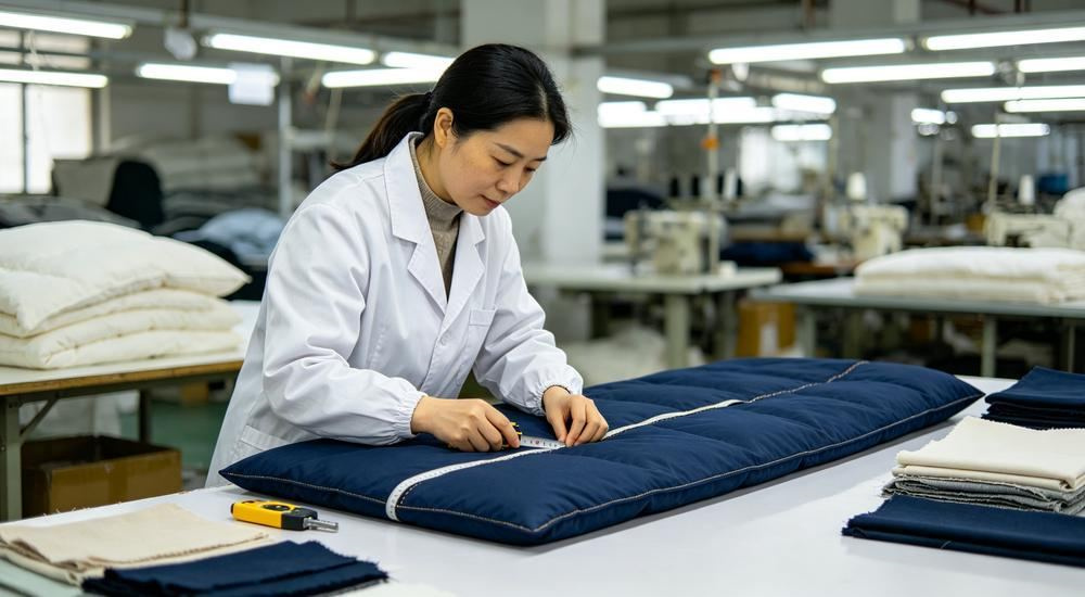 Wide-angle view of correctional officer inspecting navy bedding in a prison dormitory, inventory and turnover management for correctional facility bedding programs and secure housing blocks for prison and jail institutional bedding programs from a China manufacturer.
