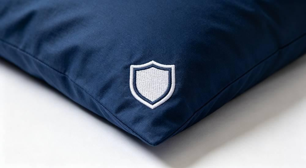 45-degree angle of chinese quality control inspector checking stitching on navy correctional bedding fabric, durability inspection for institutional prison bedding wholesale production and quality assurance for prison and jail institutional bedding programs from a China manufacturer.