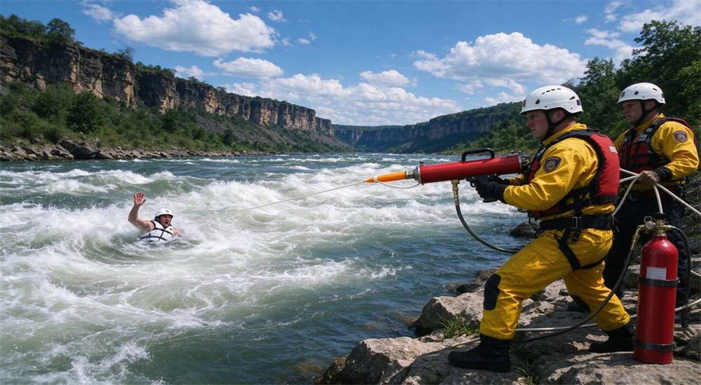 Professional Portable Rescue Thrower pneumatic line thrower in real water rescue application scenario, swiftwater river rescue team using pneumatic thrower to deliver safety rope across fast current, professional water rescue equipment
