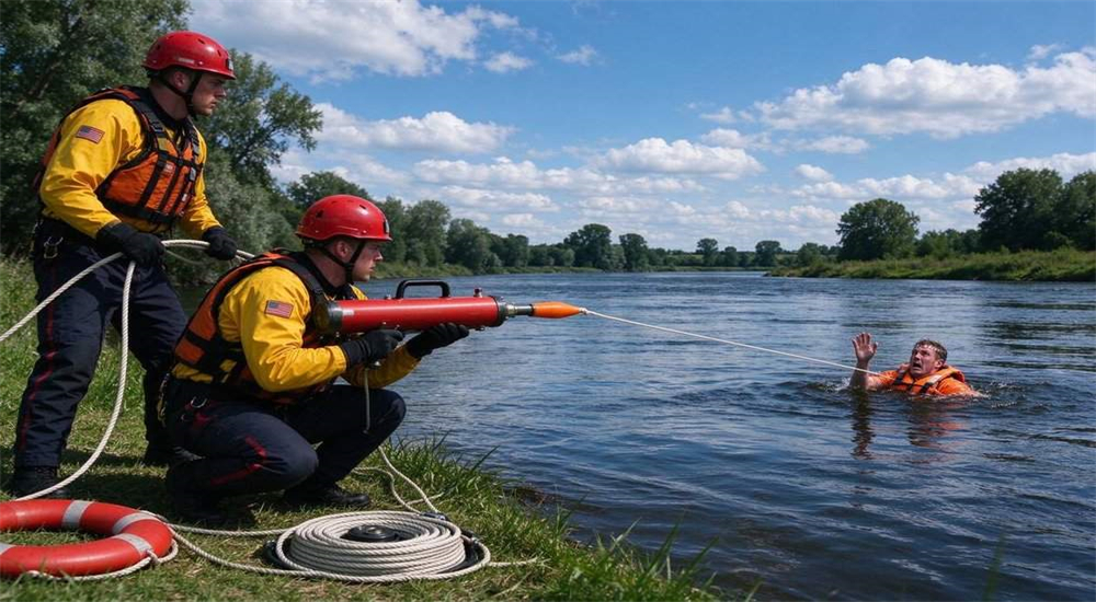 Professional Portable Rescue Thrower pneumatic line thrower in real water rescue application scenario, swiftwater river rescue team using pneumatic thrower to deliver safety rope across fast current, professional water rescue equipment