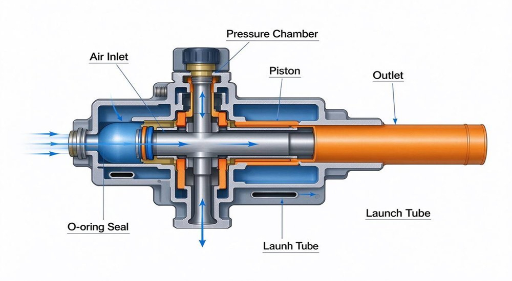 Informational diagram of Portable Rescue Thrower pneumatic line thrower, technical cutaway diagram showing valve chamber and CO2 gas flow mechanism, professional pneumatic line thrower internal structure for water rescue Informational diagram of Portable Rescue Thrower pneumatic line thrower, technical cutaway diagram showing valve chamber and CO2 gas flow mechanism, professional pneumatic line thrower internal structure for water rescue