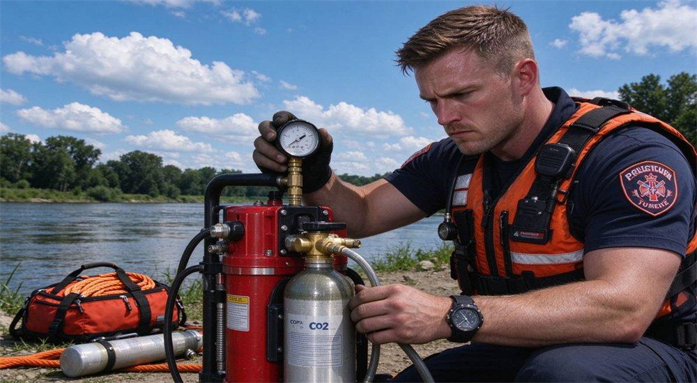 Informational diagram of Portable Rescue Thrower pneumatic line thrower, rescue operator performing pre-launch safety inspection of pneumatic line thrower, checking rope and pressure gauge before water rescue deployment