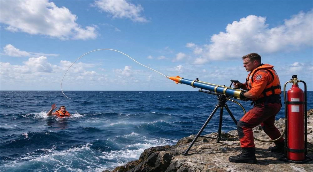 Professional Long-Range Rescue Thrower pneumatic line thrower in real water rescue application scenario, rescuer deploying device to drowning victim during severe urban flood disaster, deep water rescue operation with long-distance rope delivery
