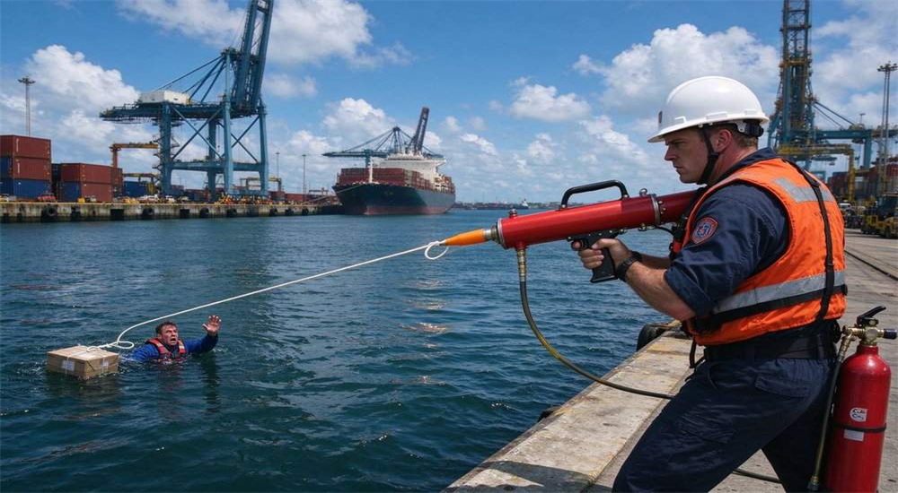 Professional Long-Range Rescue Thrower pneumatic line thrower in real water rescue application scenario, professional rescue team deploying pneumatic line thrower to deliver safety rope to victim in water, emergency lifesaving equipment Professional Long-Range Rescue Thrower pneumatic line thrower in real water rescue application scenario, professional rescue team deploying pneumatic line thrower to deliver safety rope to victim in water, emergency lifesaving equipment