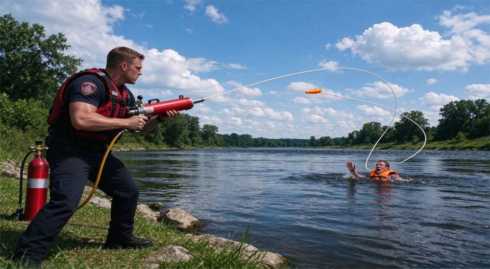 Comparison chart showing hand-thrown rope bag versus professional pneumatic line thrower, distance and accuracy comparison for water rescue equipment selection, emergency lifesaving gear comparison guide Comparison chart showing hand-thrown rope bag versus professional pneumatic line thrower, distance and accuracy comparison for water rescue equipment selection, emergency lifesaving gear comparison guide