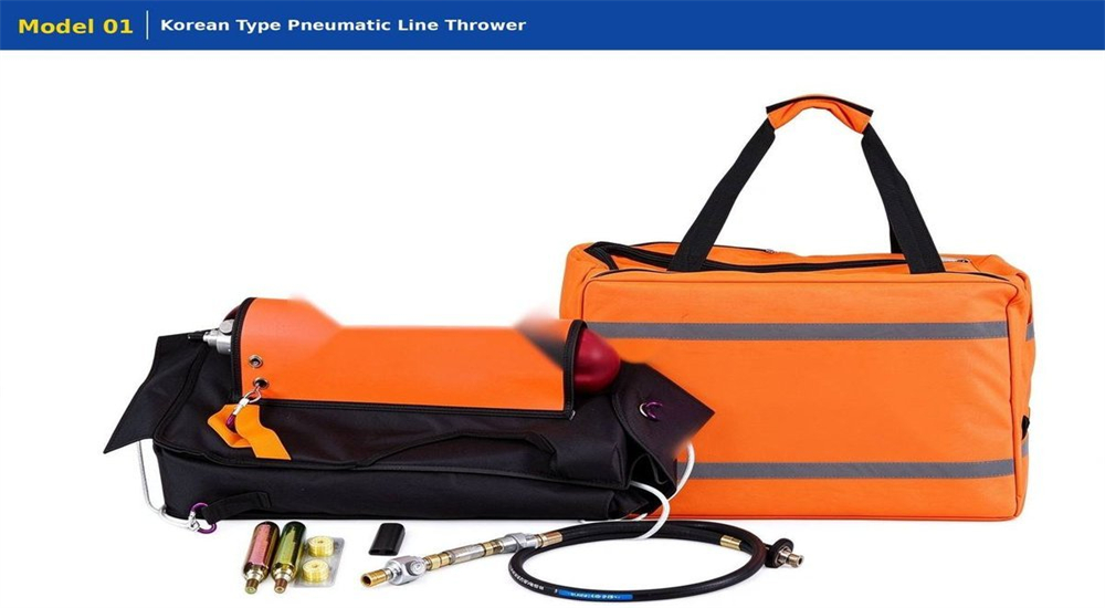 Professional product photo of Long-Range Rescue Thrower pneumatic line thrower, clean white background studio shot showing complete rescue kit with launcher, projectiles and accessories, professional water rescue equipment Professional product photo of Long-Range Rescue Thrower pneumatic line thrower, clean white background studio shot showing complete rescue kit with launcher, projectiles and accessories, professional water rescue equipment