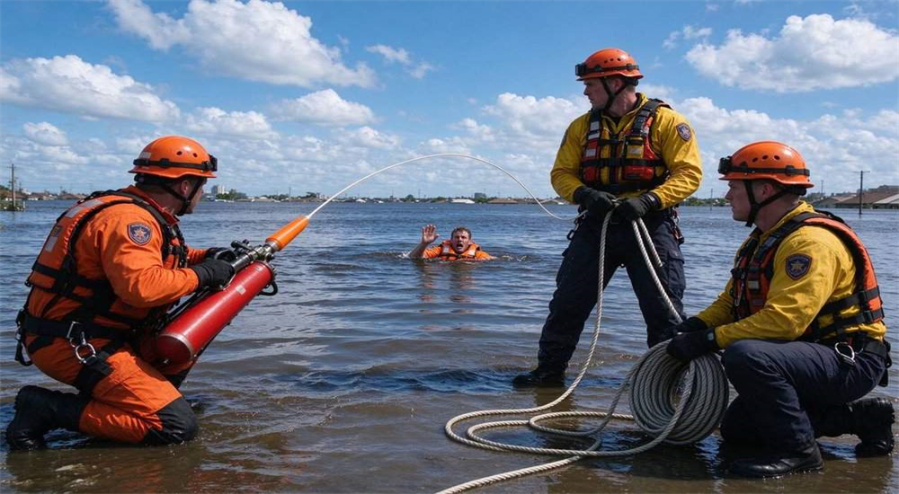 Professional Long-Range Rescue Thrower pneumatic line thrower in real water rescue application scenario, rescuer deploying device to drowning victim during severe urban flood disaster, deep water rescue operation with long-distance rope delivery