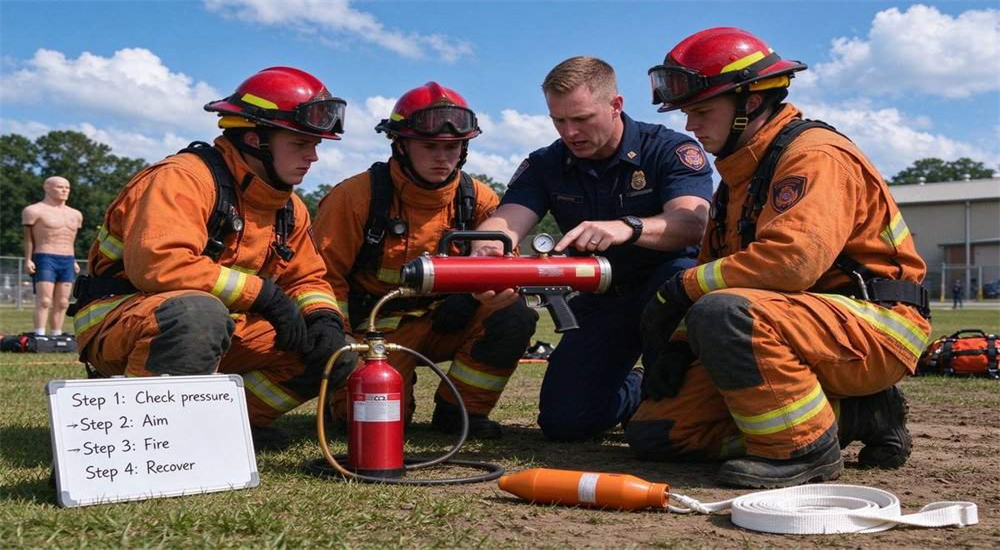 Informational diagram of Long-Range Rescue Thrower pneumatic line thrower, training instruction session for pneumatic line thrower operation, instructor teaching rescue team proper deployment of water rescue equipment Informational diagram of Long-Range Rescue Thrower pneumatic line thrower, training instruction session for pneumatic line thrower operation, instructor teaching rescue team proper deployment of water rescue equipment