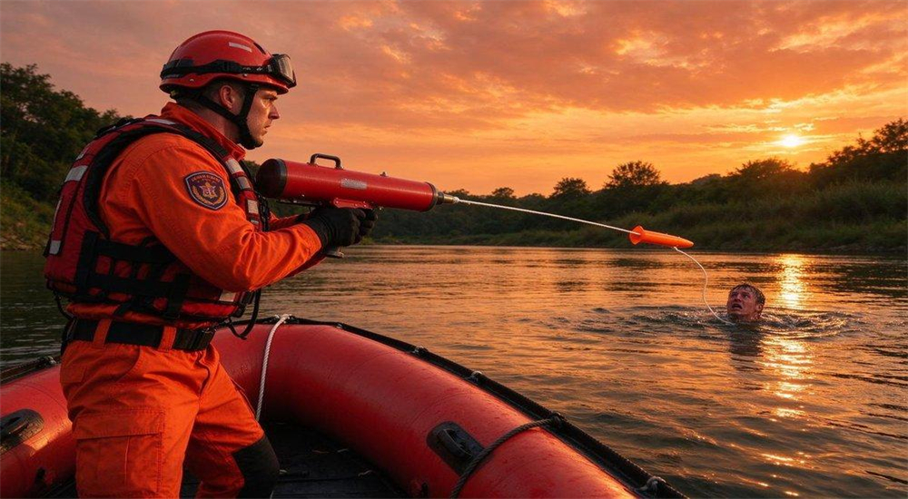 Professional Portable Rescue Thrower pneumatic line thrower in real water rescue application scenario, open sea maritime rescue operation with long-range pneumatic line thrower, coast guard team delivering rope to vessel in distress