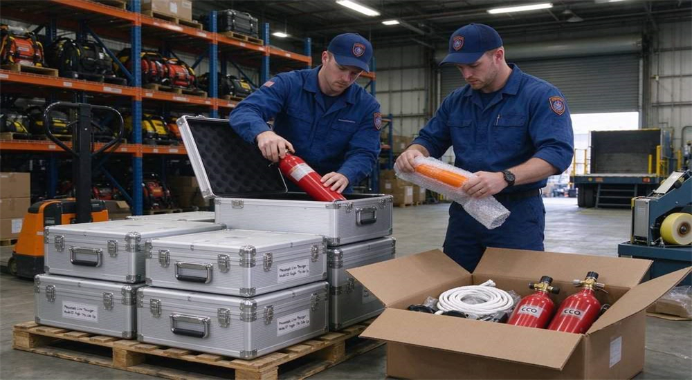 Informational diagram of Portable Rescue Thrower pneumatic line thrower, professional packaging and shipping for wholesale pneumatic line thrower orders, export crating for bulk water rescue equipment procurement