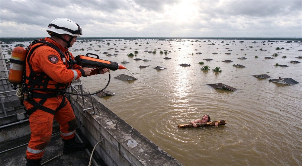 Rescuer in orange water rescue suit and white helmet stands on high concrete platform, operating pneumatic line thrower to deliver rescue rope for survivor trapped in widespread floodwaters Rescuer in orange water rescue suit and white helmet stands on high concrete platform, operating pneumatic line thrower to deliver rescue rope for survivor trapped in widespread floodwaters