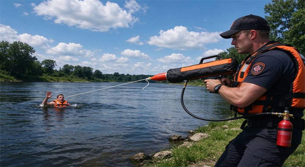 Professional Ultra Long-Range Rescue Thrower pneumatic line thrower in real water rescue application scenario, swiftwater river rescue team using pneumatic thrower to deliver safety rope across fast current, professional water rescue equipment