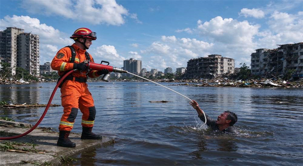 Professional Ultra Long-Range Rescue Thrower pneumatic line thrower in real water rescue application scenario, professional rescue team deploying pneumatic line thrower to deliver safety rope to victim in water, emergency lifesaving equipment